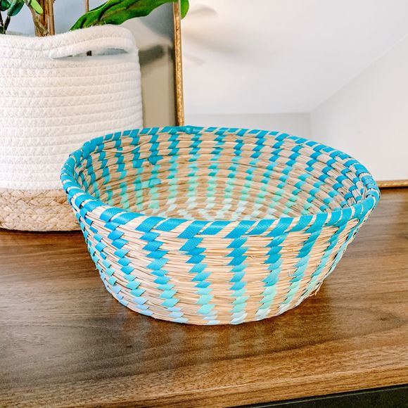 Boho Blue Woven Wicker Storage Basket Bowl